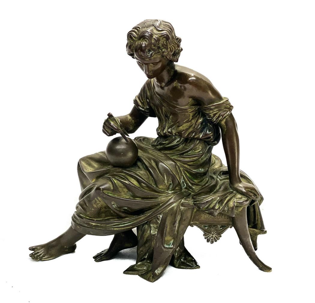 Moreau, Auguste Bronze Sculpture, Seated Man Compass: Moreau, Auguste (French, 1861-1906) patinated bronze sculpture, 19th Century. The sculpture depicts a seated man in robed garbs holding a compass and measuring a ball. Artist signed Moreau to the fron