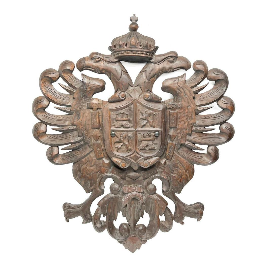 Carved Wood Wall Hanging Toledo Spain Coat of Arms Eagles mid century (1 of 6)