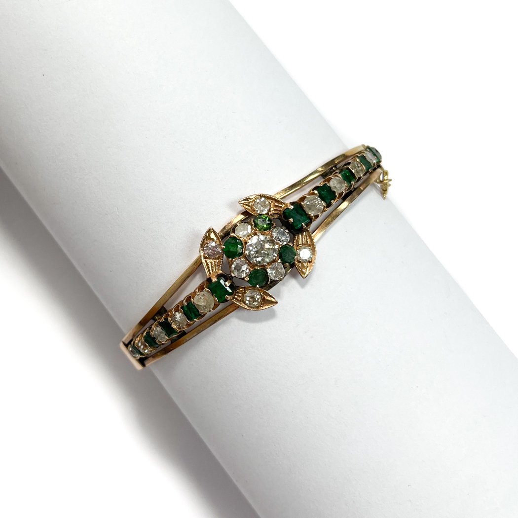 14k Yellow Gold Emerald and Diamond Cuff Bangle Bracelet (1 of 6)