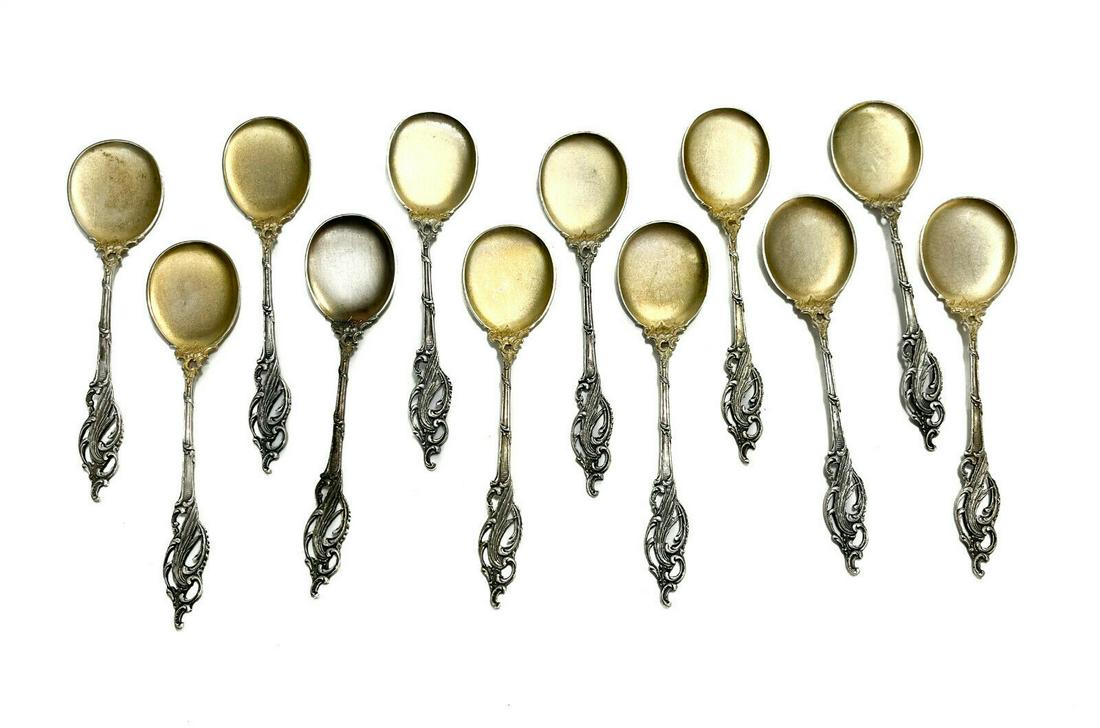 12 German 800 Gilt Silver Pierced Ice Cream Spoons, circa 1900 (1 of 4)
