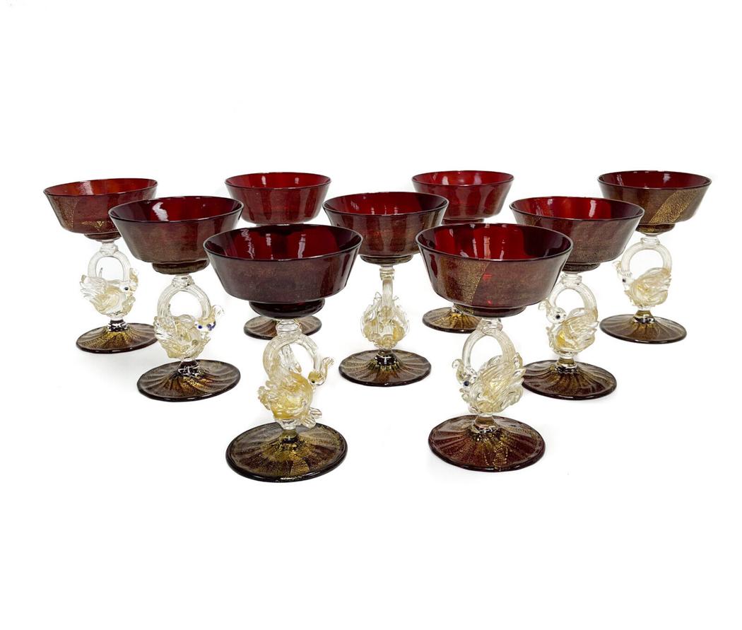9 Salvati Cranberry Red and Gold Fleck Swan Stem Champagne Saucers, circa 1970 (1 of 5)