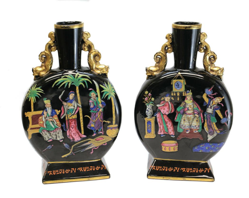 Pair Chinoiserie Glass Enamel Hand Painted Moon Flasks: Pair of Chinoiserie glass & enamel hand painted moon flasks, circa 1890. Chinoiserie decorated figurals to the faces of the flasks with inscriptions to the base rim. Attributed to Moser. Weight Approx