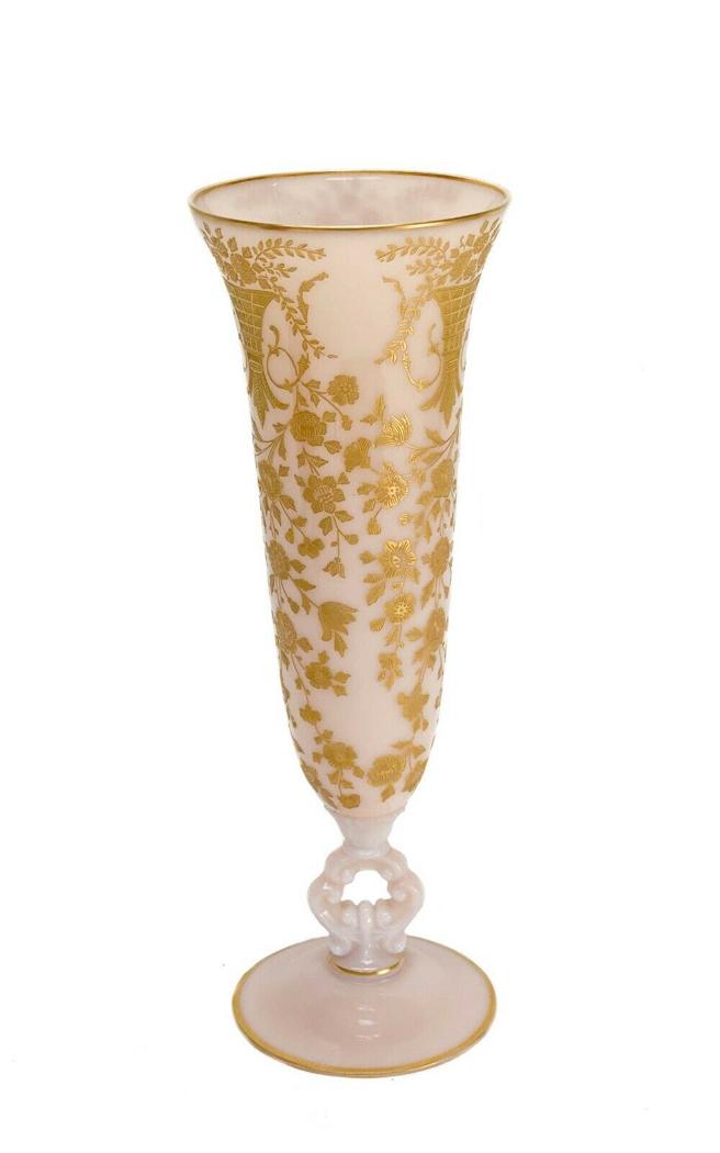 Gilt Intaglio Floral Pink Opaline Glass Vase: Gilt Intaglio floral pink opaline glass vase, 2nd quarter 20th century. Gilt to edges, with a gilt intaglio floral design to center. Foliate sculptural stem. Weight Approx., 1 lb Measures Approx., 4.2
