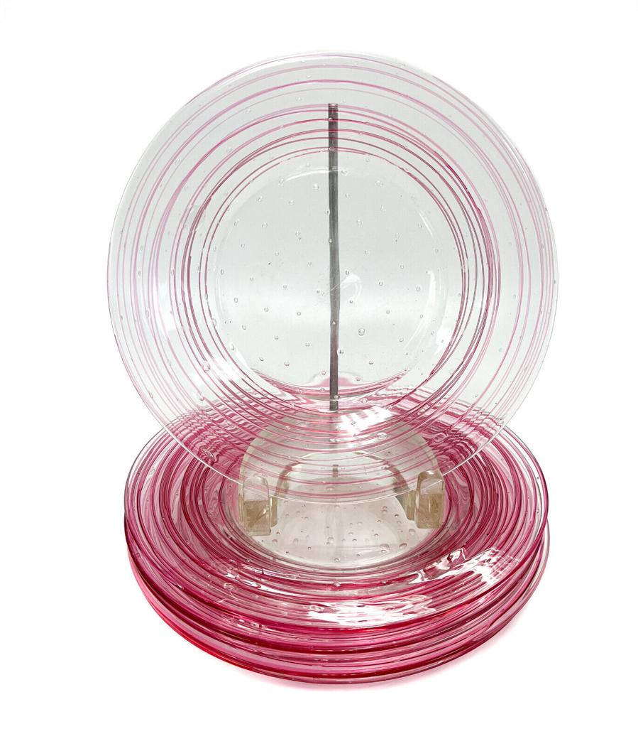 6 Steuben Pink and Clear Threaded Bubble Glass Dessert Plates (1 of 4)
