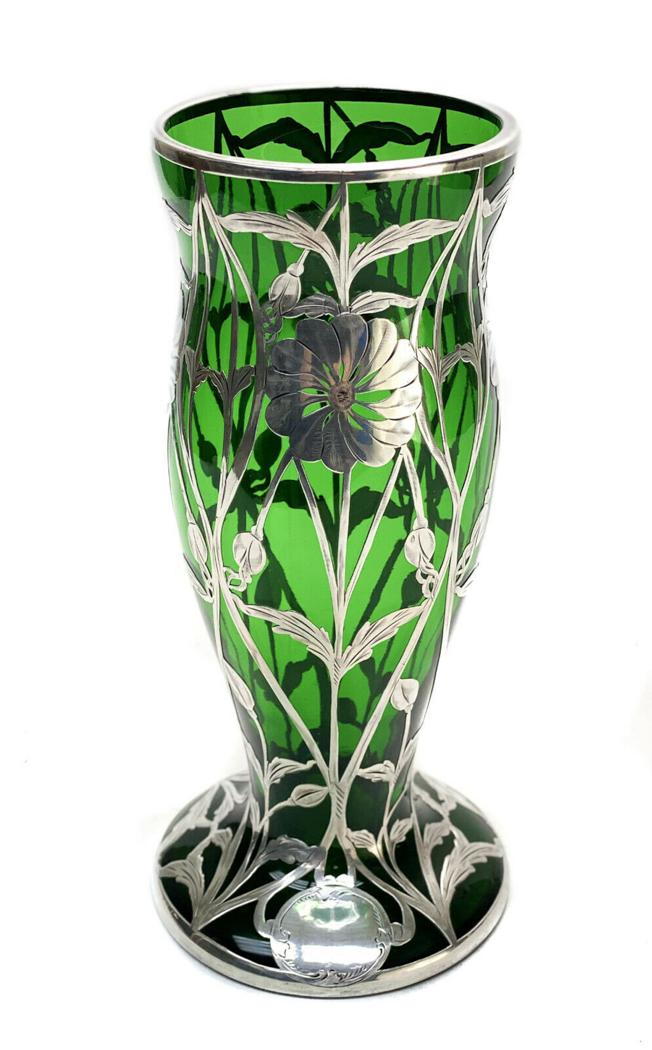 American Glass & 999 Silver Floral Overlay Footed Vase (1 of 4)