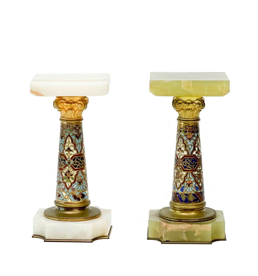 Pair French Champleve Enamel Green & White Onyx Pedestals early 20th cen (1 of 10)