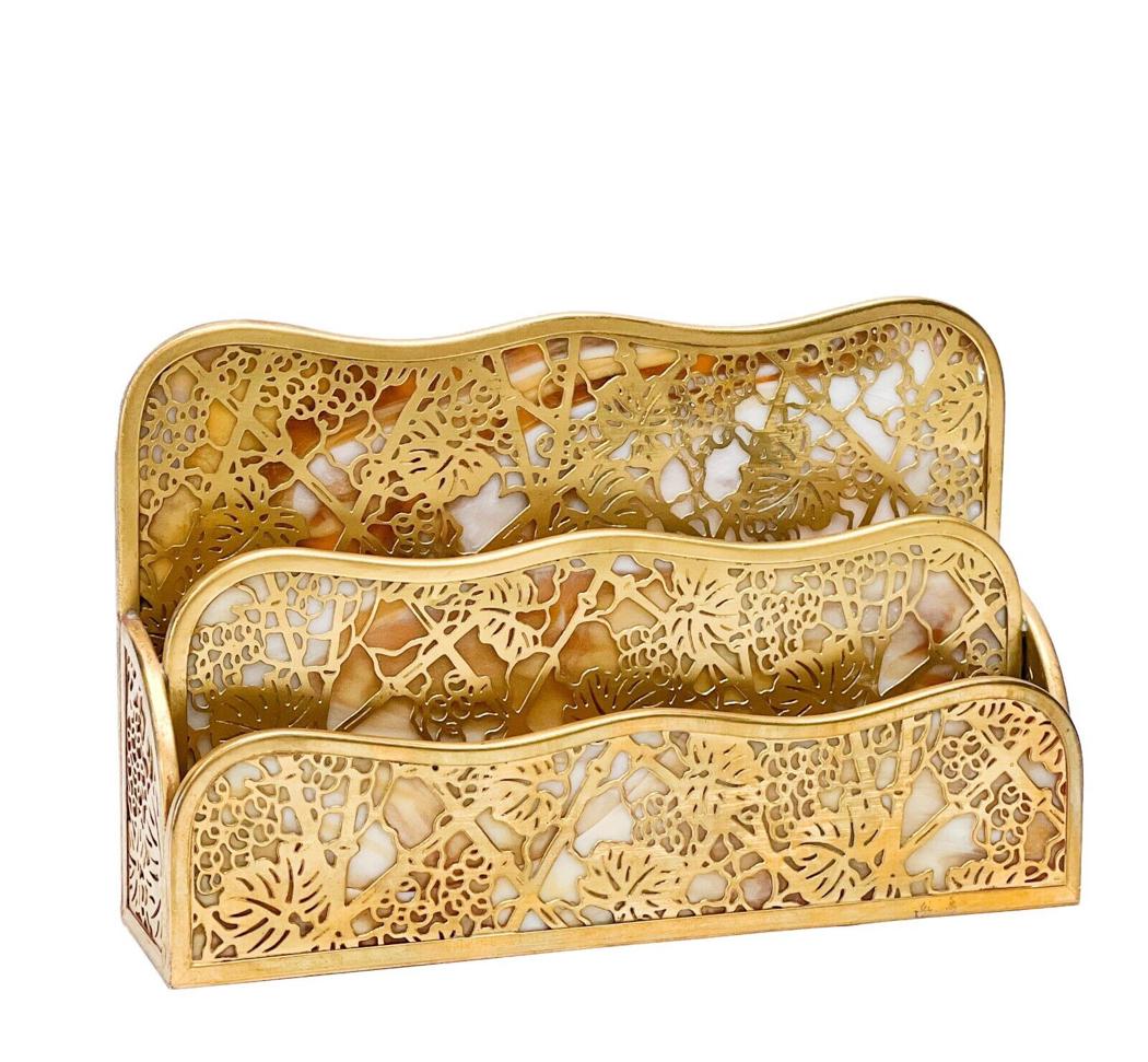 Tiffany Studios Gilt Bronze and Slag Glass Letter Holder #1008 in Grapevine (1 of 8)