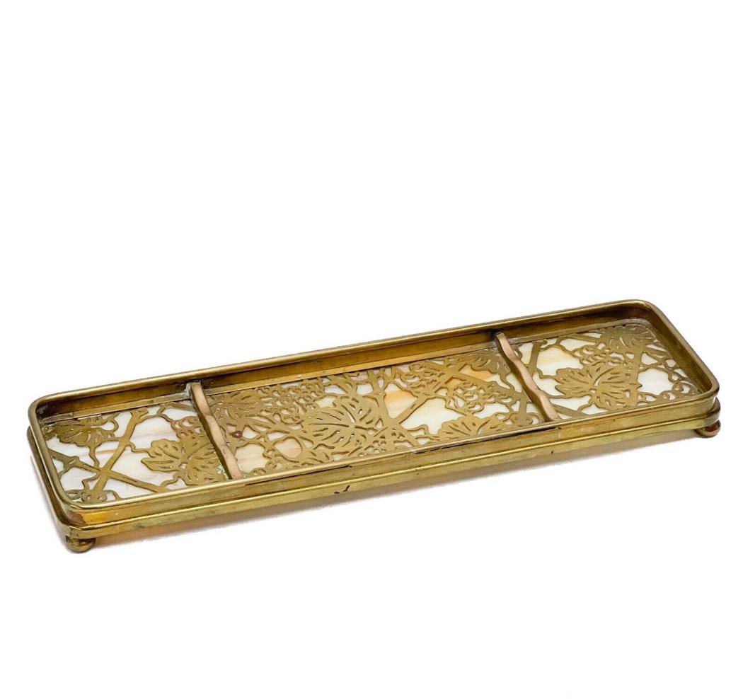 Tiffany Studios Gilt Bronze and Slag Glass Pen Tray #1004 in Grapevine (1 of 5)