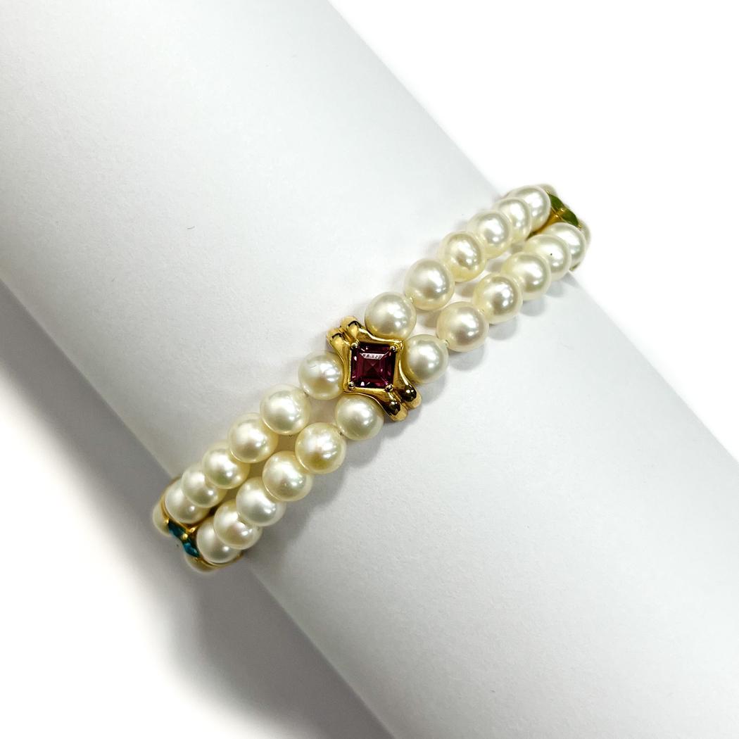 14k Yellow Gold 5mm Cultured Pearl and Multi-Colored Gemstone 2 Strand Bracelet (1 of 9)