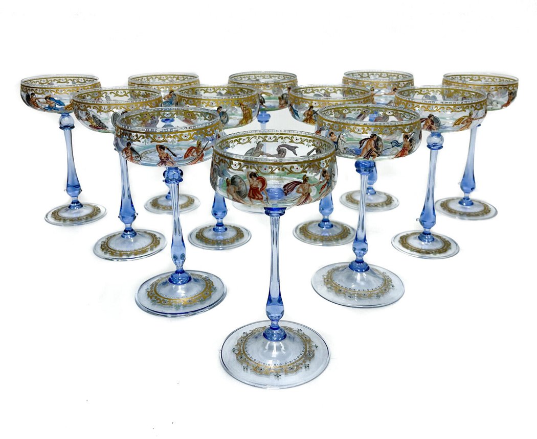 12 Salviati Blue Art Glass Hand Painted 7 oz Champagne Saucers, 2nd quarter 20th century (1 of 4)