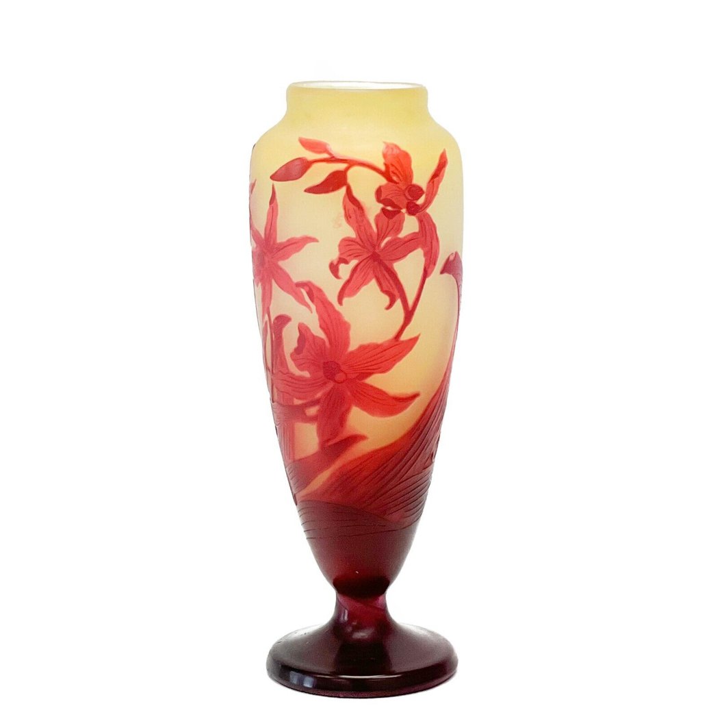 Galle France Art Glass Cameo Acid Etched 2 Layer Vase Red Orchids c. 1900 (1 of 9)