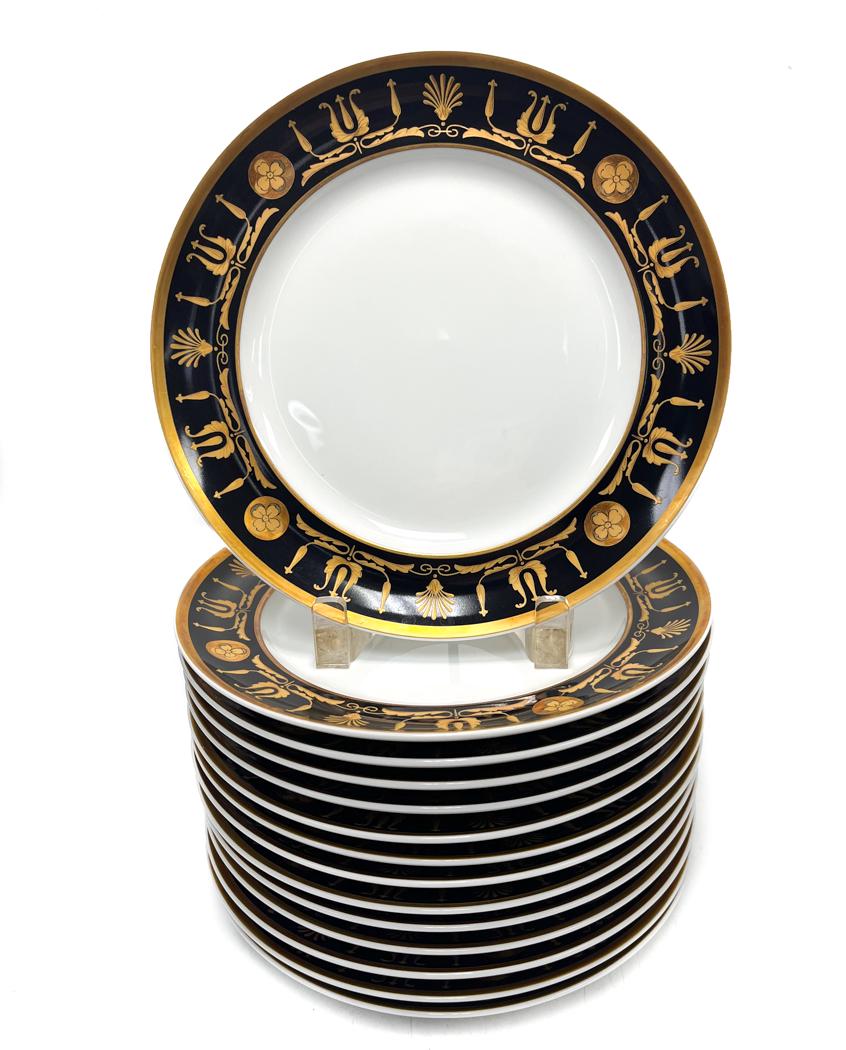 14 Tiffany & Co. Mottahedeh Porcelain Dessert Plates Black and Gold: 14 Tiffany & Co. Mottahedeh Porcelain Dessert Plates Black and Gold. Black ground rim with gold town florals and swag motifs. Marked Tiffany & Co. Mottahedeh Made in Portugal to underside. Weight Appr