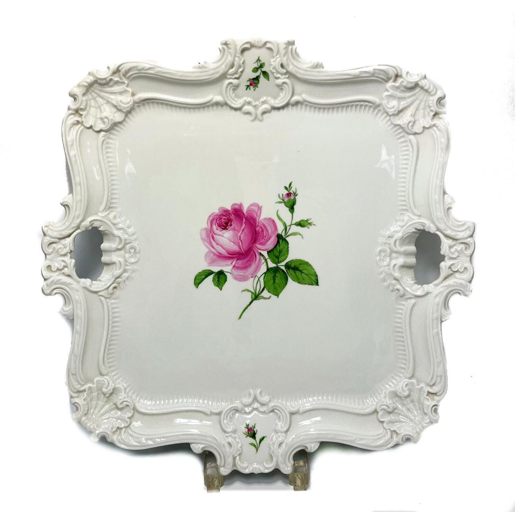 Meissen Germany Hand Painted Porcelain Square Tray, Pink Rose (1 of 7)