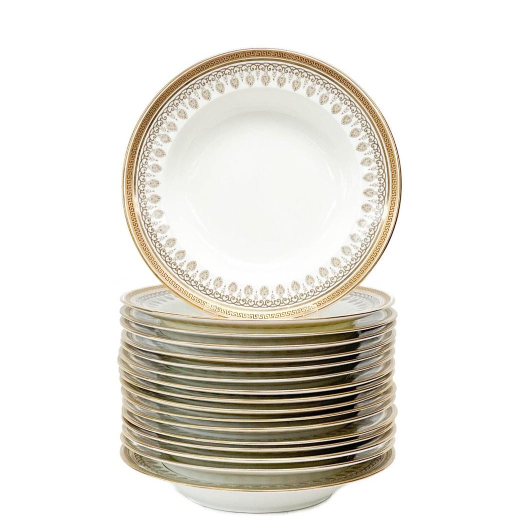 16 + 1 Cauldon England Gilt Porcelain Rimmed Soup Bowls Florals Greek Key c.1910 (1 of 6)