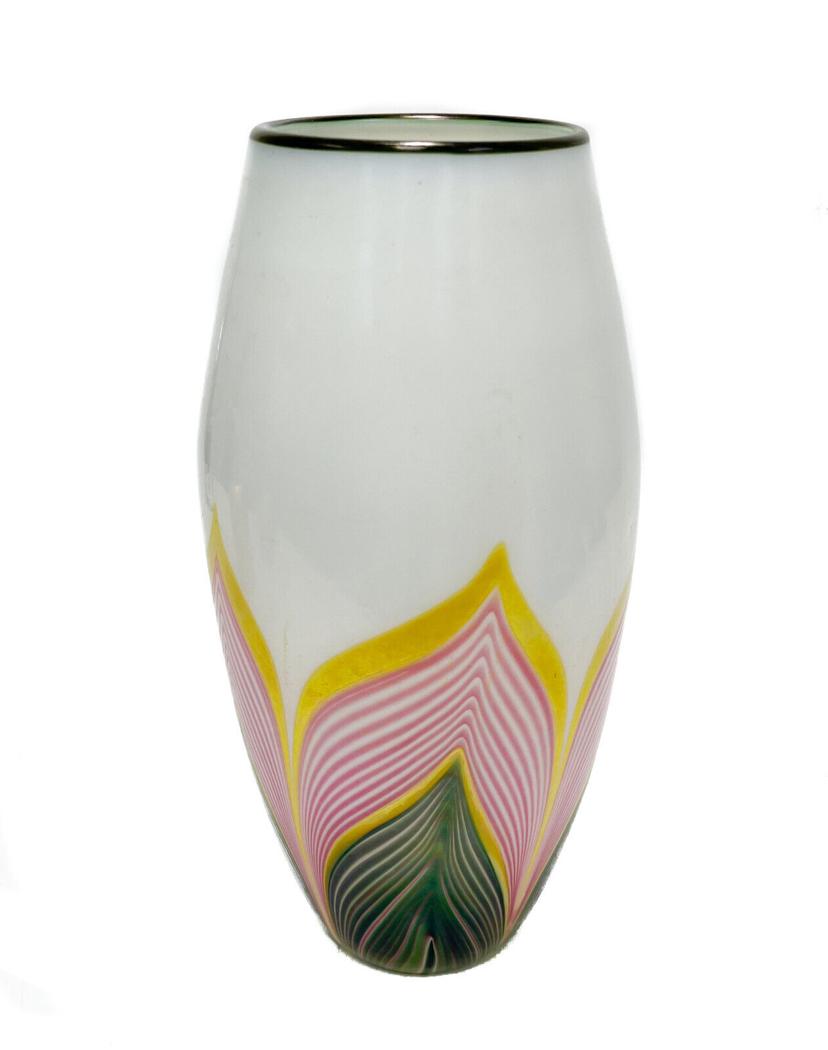 Lundberg Studios Opaline Pulled Feathered Art Glass Vase, 2006 11260: Lundberg Studios Pulled Feathered Art Glass Vase 2006 #112601. Opaline ground with pink, yellow, and green pulled feathered stripes to towards base. Marked "Lundberg" to underside. Weight Approx., 3 l