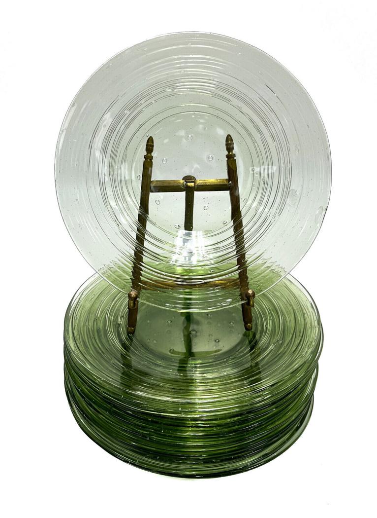 14 Steuben Glass Green Threaded Dessert Plates, Signed (1 of 5)
