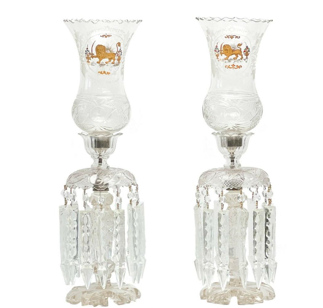 Pair Bohemian Cut Glass & Enamel Hurricane Vase & Lusters for the Persian Market (1 of 12)