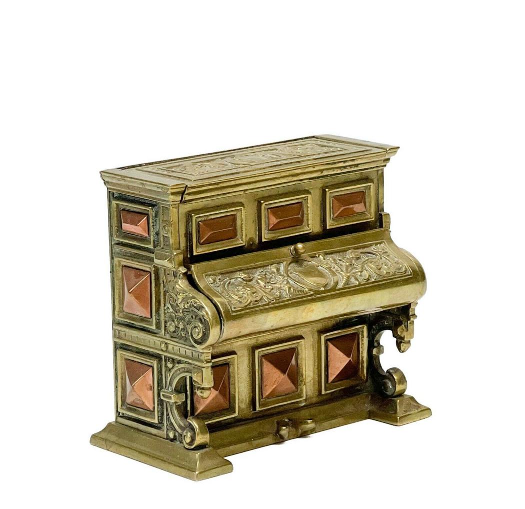 Continental Gilt Bronze Novelty Dual Inkwell Modelled as an Upright Piano c.1920 (1 of 5)