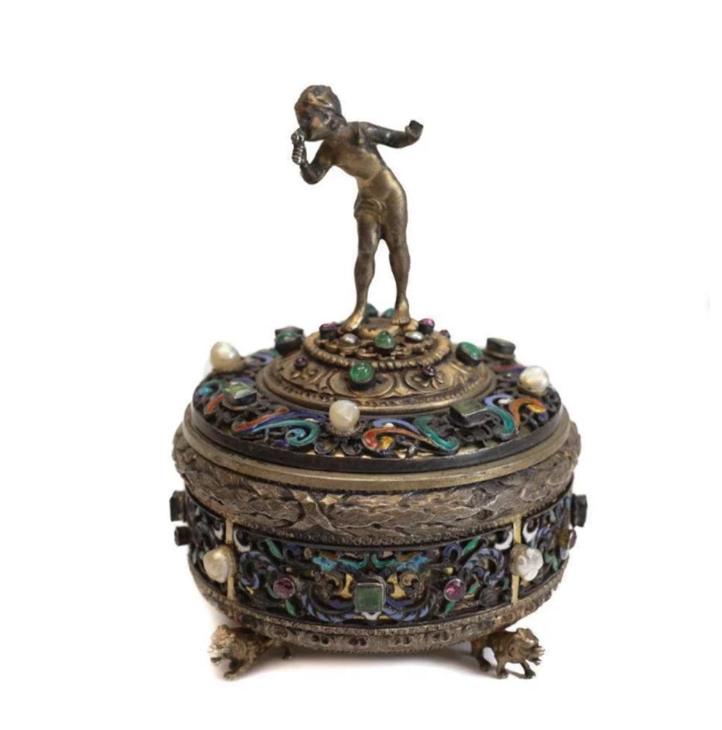 Antique Austrian 800 Silver Enamel and Gem Encrusted Figural Box, Emerald Pearls (1 of 6)
