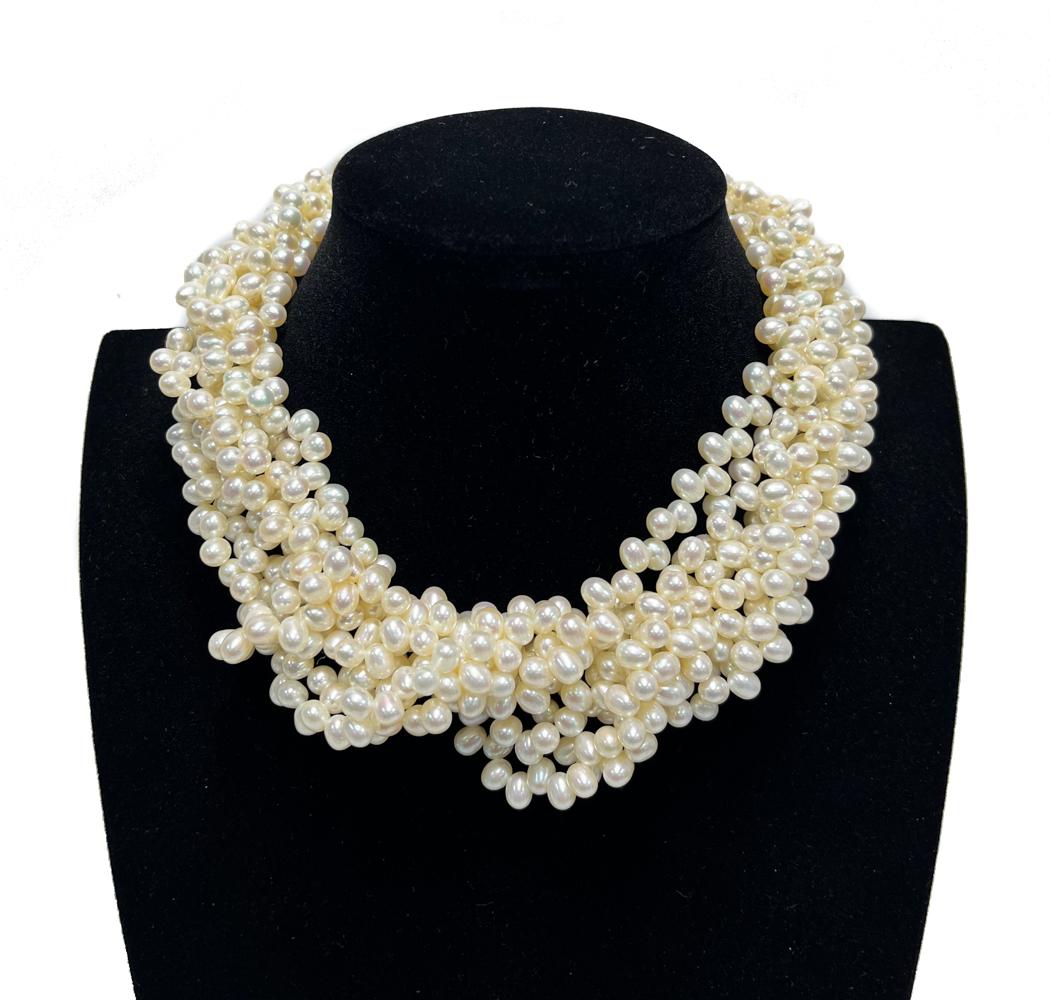 Paloma Picasso for Tiffany & Co 18k Gold 8 Strand Freshwater Pearl Necklace: Paloma Picasso for Tiffany & Co 18k Gold 8 Strand Freshwater Pearl Necklace. Hoop hook clasp. Tiffany & CO Paloma Picasso marks to clasp. Weight Approx., 195 grams Measures Approx., 16 inches length D