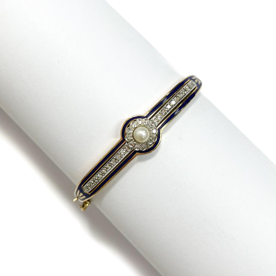 14k Yellow Gold Cultured Pearl, Diamond, and Blue Enamel Cuff Bracelet (1 of 8)