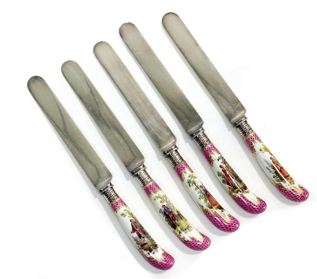 5 Silver & Dresden Handled Knives: 5 silver & Dresden or Meissen Porcelain Handled Knives, Early 20th Century. Hand painted pink fish scales with courting scenes to the center. Marked Russell & Co. 1834 to the blades. Weight Approx., 8