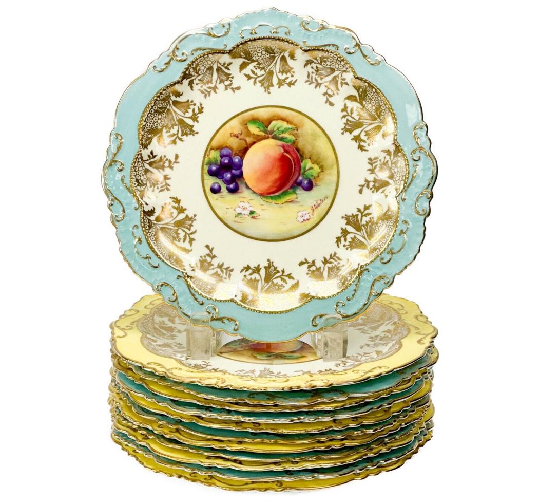 12 Paragon England Fruit Porcelain Blue & Yellow Dessert Plates Artist Signed (1 of 11)