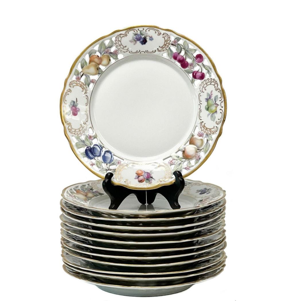 12 Schumann Bavaria Reticulated Edge Porcelain Plates Fruit Decoration c. 1935 (1 of 7)