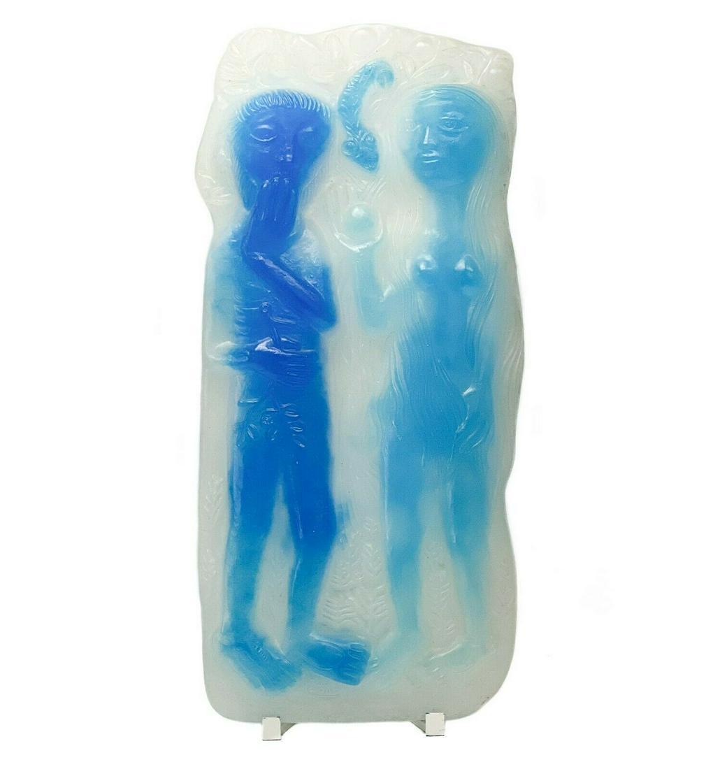 Daum PÃ¢te de Verre Sculpture Paradis Adam & Eve Toulhoat Limited Edition/150: Limited Edition Daum France pÃ¢te de verre sculpture,"Paradis" by Pierre Toulhoat. White panel sculpture featuring the figures of Adam and Eve and the serpent in shades of opalescent blue with folia