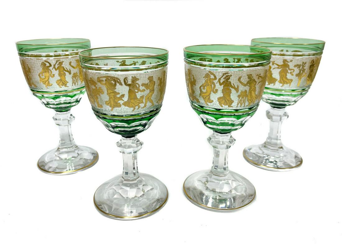 4 Val St. Lambert Frosted Glass Gilt 9 ounce Wine Goblets Danse de Flore Green: 4 Val St. Lambert frosted glass gilt 9 ounce wine goblets Danse de Flore Green, Frosted circular band with various gilt molded figures dancing throughout. Weight Approx., 1 lbs Measures Approx., 3.5 i