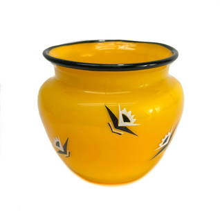 Loetz Austria Amber Yellow Art Glass Vase by Michael Powolny, Enamel Florals: Loetz Austria amber yellow art glass vase by Michael Powolny. Enamel florals to exterior. Weight Approx., 0.5 lbs Measures Approx., 4.25 inches diameter x 3.75 inches tall