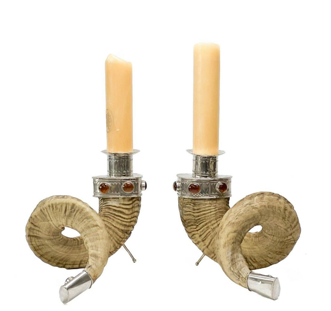Pair American mid Cen Faux Rams Horn Silver Mounted Candle Holders Faux Amber (1 of 6)