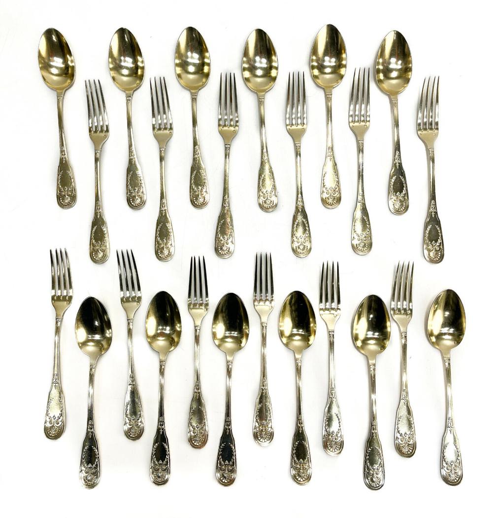 French Sterling Silver Gold Vermeil Entremet Dessert Flatware Set for 12, c1900 (1 of 7)