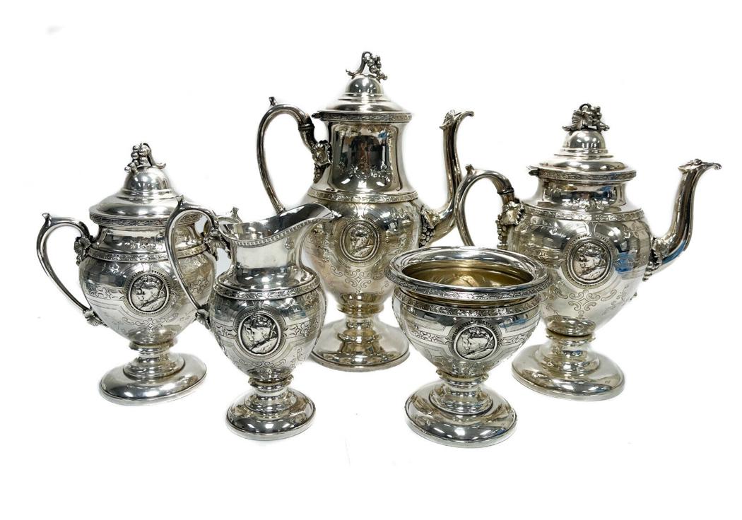 5 Piece American Coin Silver Medallion Tea and Coffee Service, circa 1850 (1 of 11)