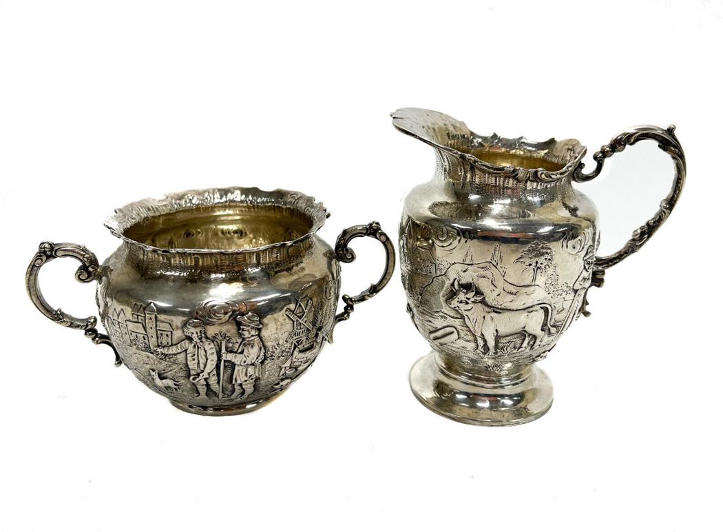 Pair German 800 Silver Repousse Creamer & Sugar Bowl, Genre Scene, circa 1920 (1 of 8)