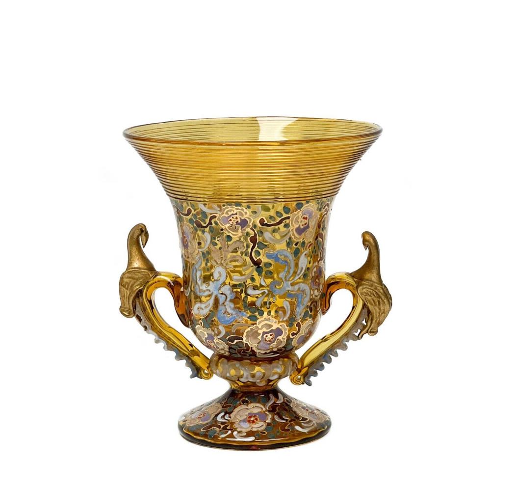 Moser Enameled Hand Blown Glass Chalice Vase, 1st Half 20th century (1 of 4)