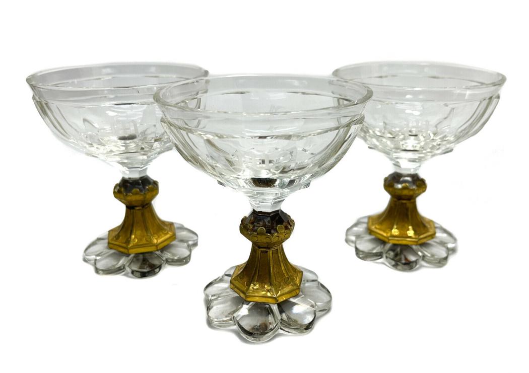 3 German or Viennese Acid Etched Glass & Metal Mounted Wine Goblets: 3 German or Viennese acid etched glass & gilt metal mounted wine goblets. Various acid etched monograms to each bowl. Scalloped rimmed base with gilt metal mounts to the stem. Weight Approx., 1 lb Mea