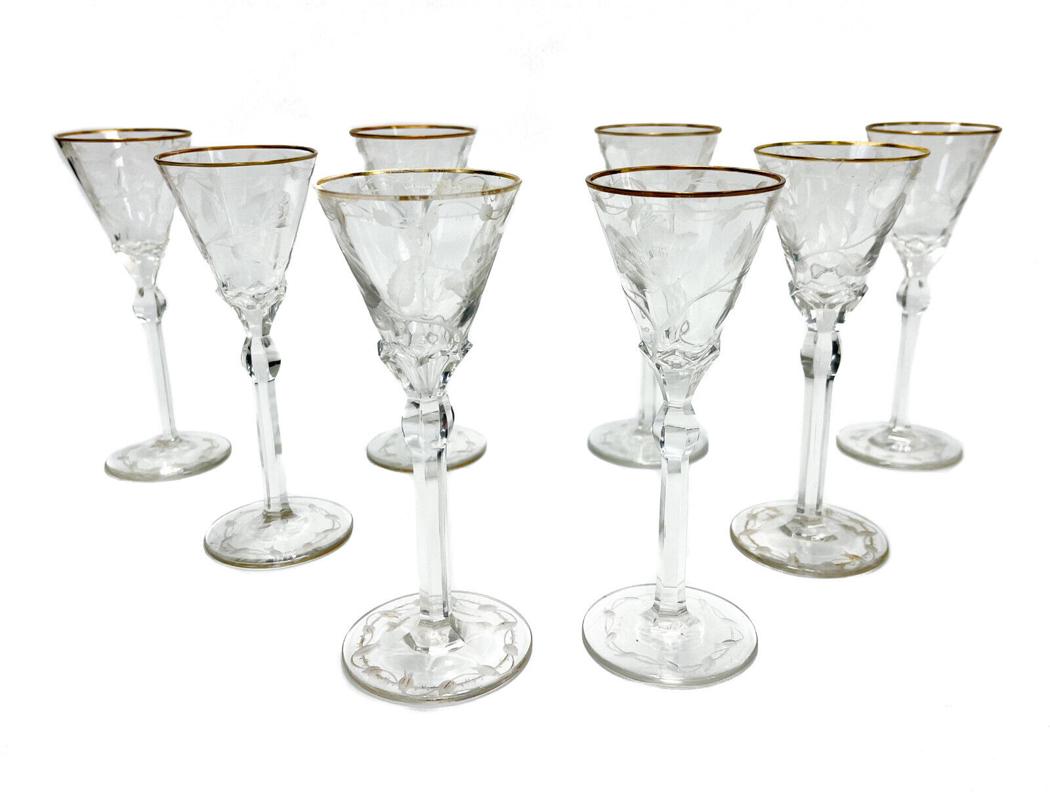 8 Moser Gilt Cordial Wine Glasses in Paula: 8 Moser intaglio engraved florals glass 2 oz cordial wine goblets in Paula. Glasses with engraved floral decoration to the sides, rim, and to the foot with a knob stem. Gilt to the bands of floral dec