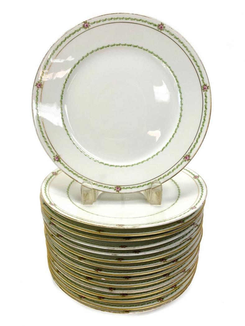 16 GDA Limoges Porcelain Dessert Plates c1900: 16 Gerard, Dufraisseix & Abbott Dessert plates from the Charles Field Limoges Factory c1900. The dessert plates are hand painted with green vines and pink roses. Weight Approx., 12 lbs Measures Approx