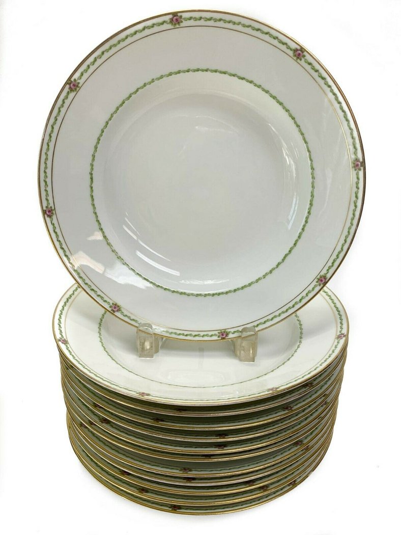 12 GDA Limoges Porcelain Dessert Plates c1900: 12 GDA Gerard, Dufraisseix & Abbott Dessert plates from the Charles Field Limoges Factory c1900. The dessert plates are hand painted with green vines and pink roses. Weight Approx., 12 lbs Measures Ap