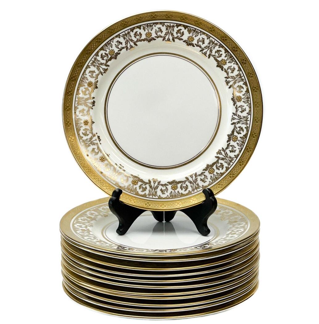 12 Aynsley England Porcelain Dessert Plates in Kenilworth Ivory Raised Gold (1 of 4)