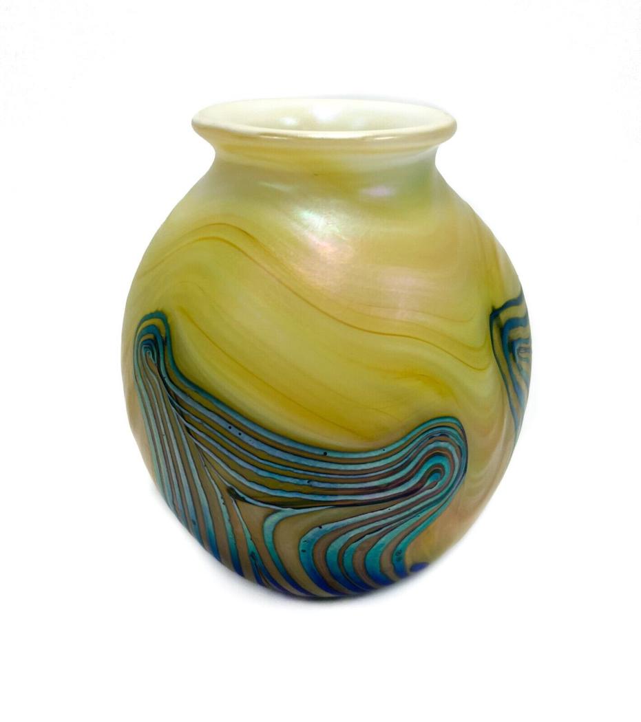 Charles Lotton Hand Blown Art Glass Iridescent Gold and Blue Swirled Vase, 1972 (1 of 8)