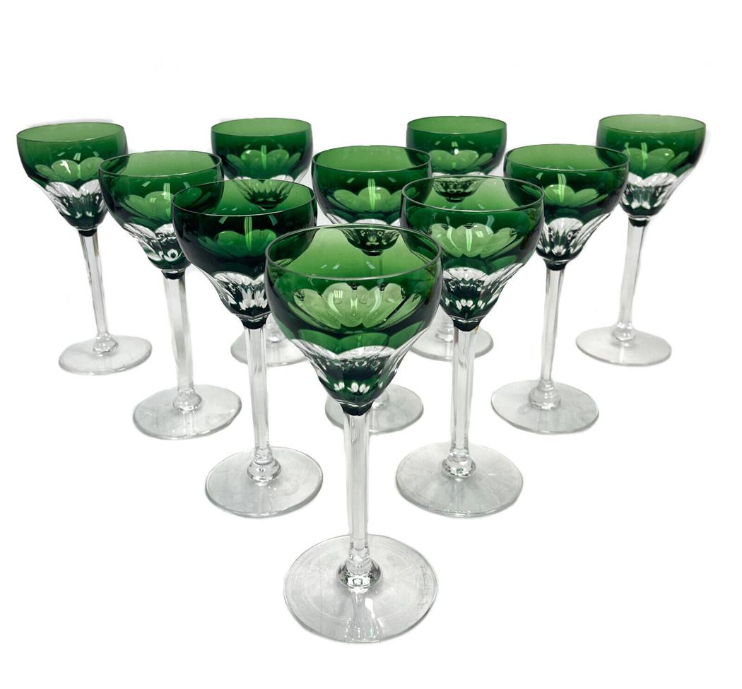 10 Val St. Lambert Green to Clear 4 ounce Wine Glass Goblets in Montana, Signed: 10 Val St. Lambert green to clear 4 ounce wine glass goblets in Montana TCPL, Signed. Green to clear with 8 cuts to the bowl. Val St. Lambert mark to underside base. Weight Approx., 1 lb Measures Appr