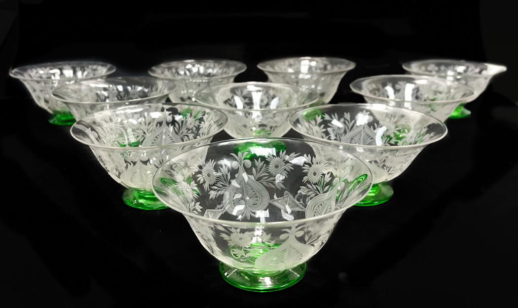 10 Steuben Frosted and Green Glass Dessert Sherbet Bowls in Van Dyke, Signed (1 of 3)