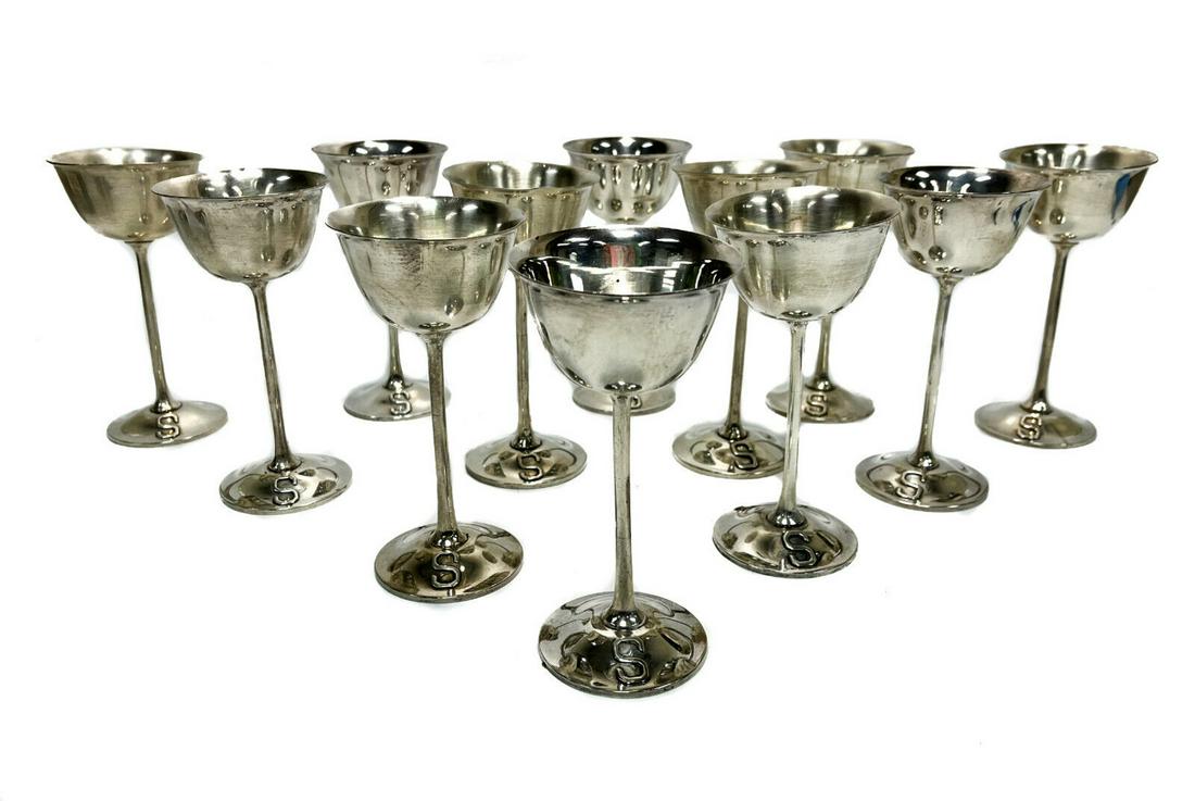 12 Baltimore Silversmiths Mfg Co. 925 Sterling Silver Wine Goblets, circa 1905: 12 Baltimore Silversmiths Mfg Co. 925 Sterling Silver 2 ounce wine goblets, circa 1905. Applied monogram "S" to the bowl. Baltimore silversmiths mark to the underside base. Weight Approx., 48.93 ozt M