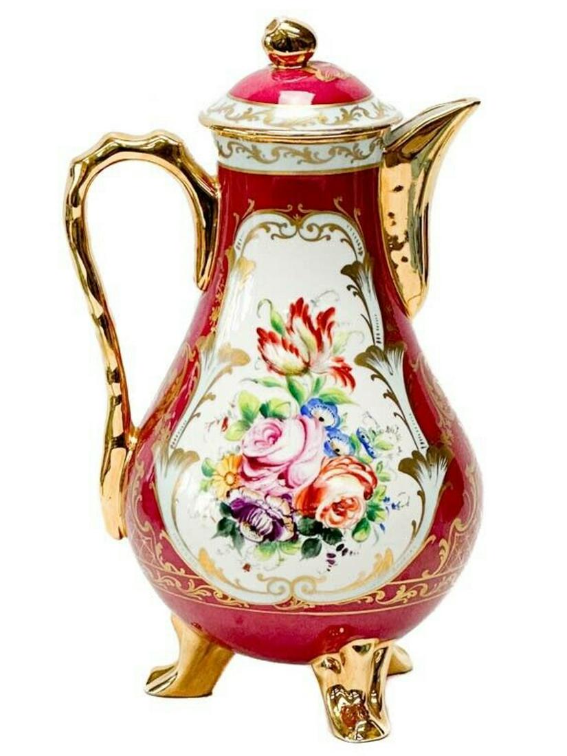 Le Tallec Limoges Hand Painted Floral Red Gilt Porcelain Pitcher 1957 (1 of 7)