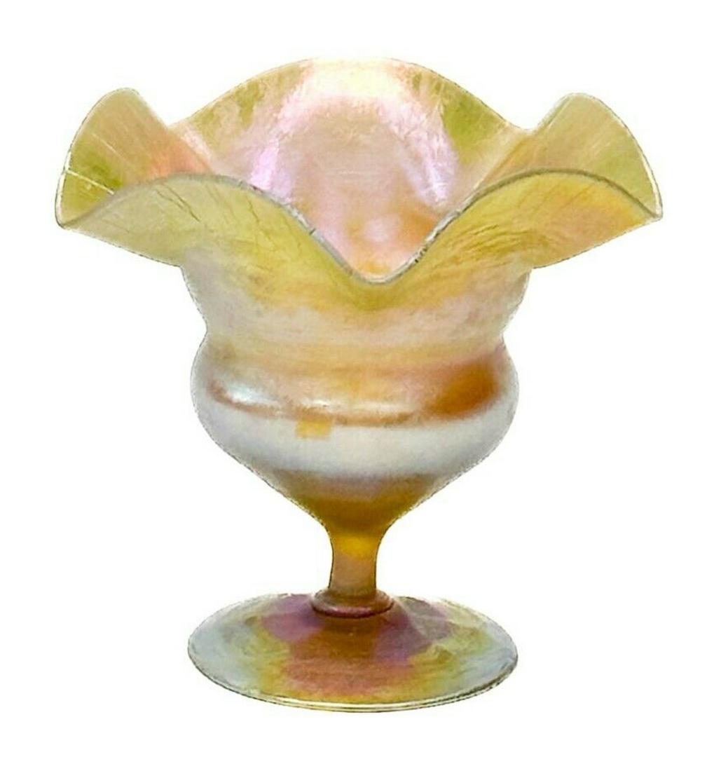 LCT Tiffany Favrile Iridescent Gold Glass Miniature Ruffled Vase 1186A c. 1900 (1 of 6)