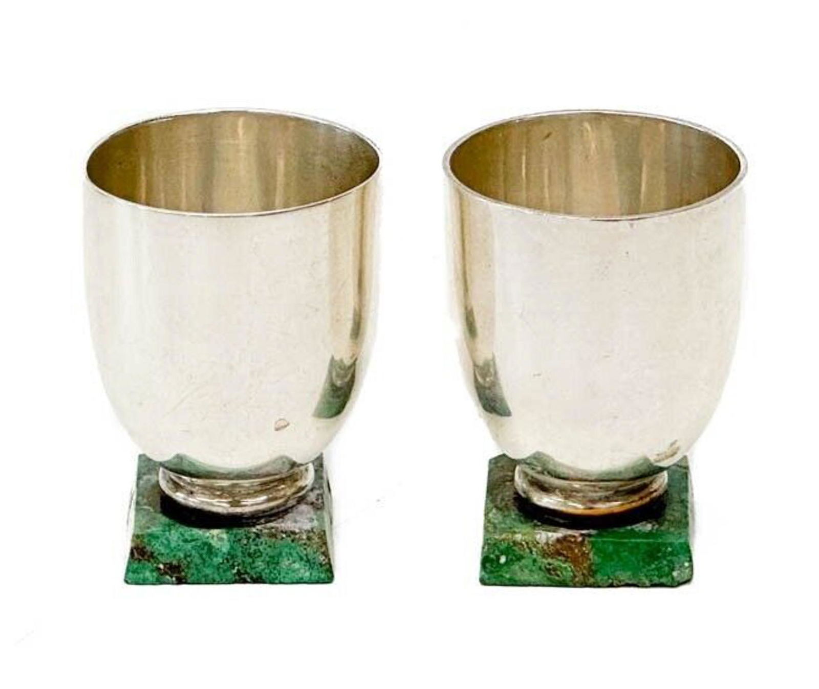 Pair William Spratling Mexico Sterling Silver Shot Glasses Green Stone Bases (1 of 7)