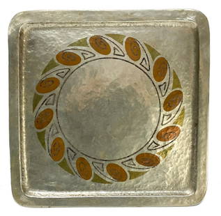 Claudius Linossier Silver Mixed Metal Inlay Tray: Claudius Linossier (French 1893-1953) silver mixed metal inlay hand hammered dinanderie dish tray, circa 1930. Mixed metal inlay wreath to the central area. Signed "Linossier" towards the inner corner