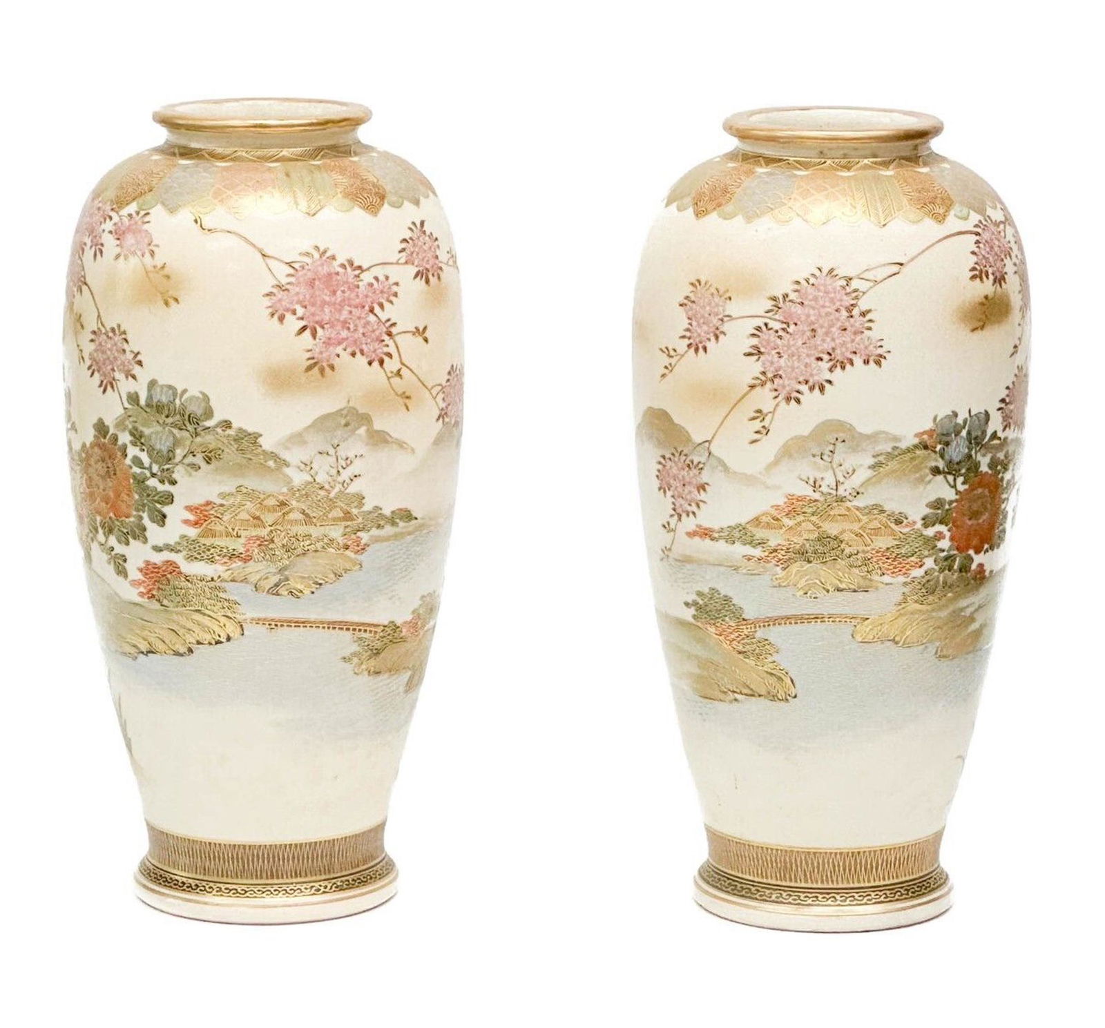 Pair Japanese Kitamura Satsuma Hand Painted Porcelain Vases Landscapes Meiji Per (1 of 9)